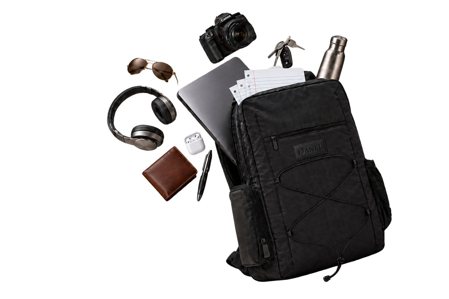 Backpack and accessories with background removed